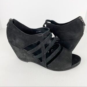 Eileen Fisher Dewey Black Nubuck Leather Strappy Wedge Sandals